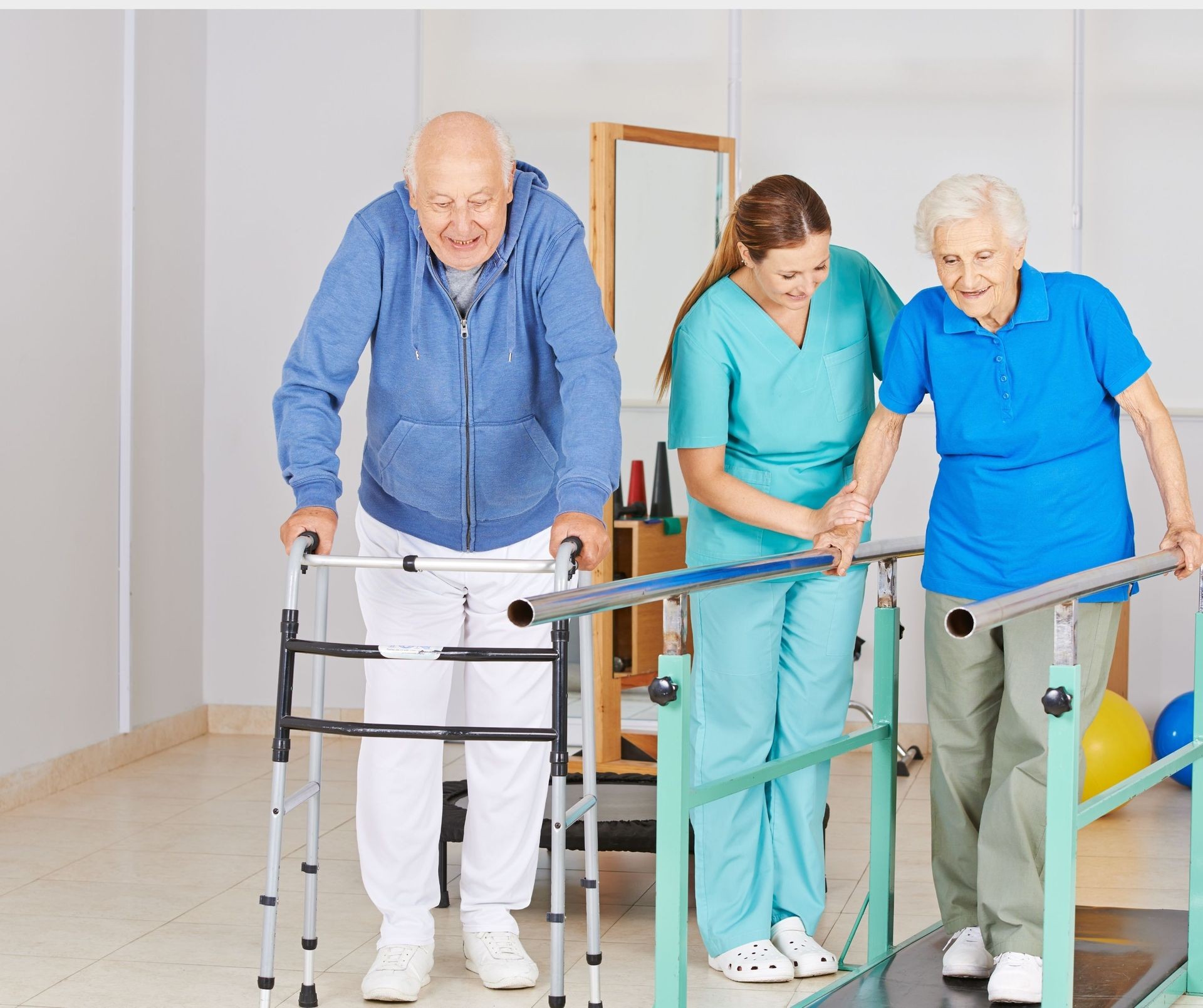 Old man walking with the help of physiotherapist